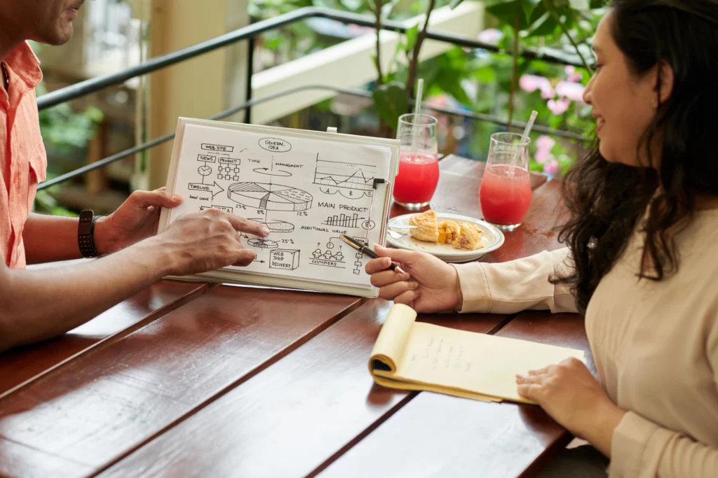 Two people discussing financial plans on a whiteboard in a cafe, with snacks and drinks on the table, illustrating fractional CFO collaboration for restaurants.